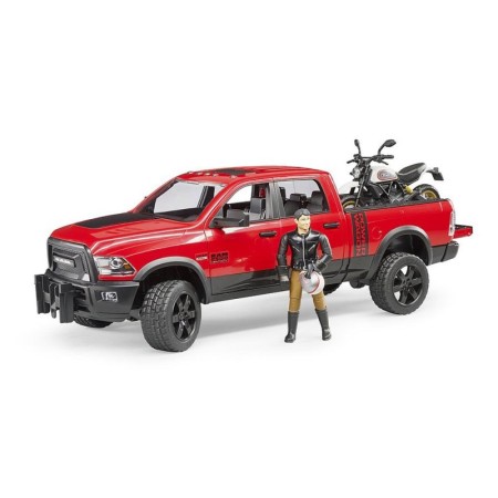 Bruder masina de teren RAM 2500 cu motocicleta Scrambler Ducati Desert si sofer